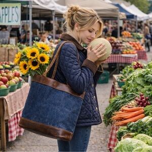 Vintage RALPH LAUREN Oversized Denim Tote Bag w Leather Braided Shoulder Straps